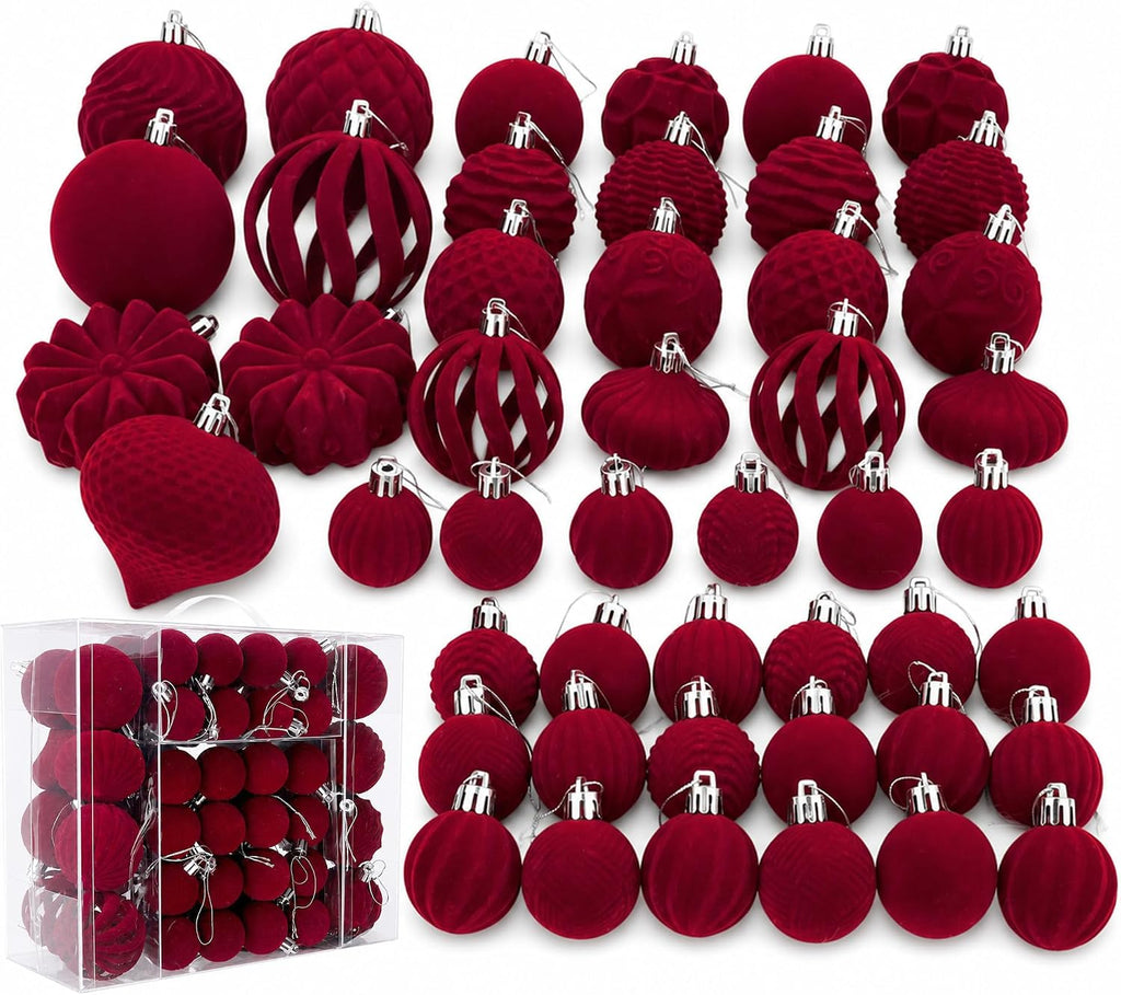 47 Pcs Velvet Christmas Ball Ornaments, Burgundy, 3 Sizes, Mixed Shapes
