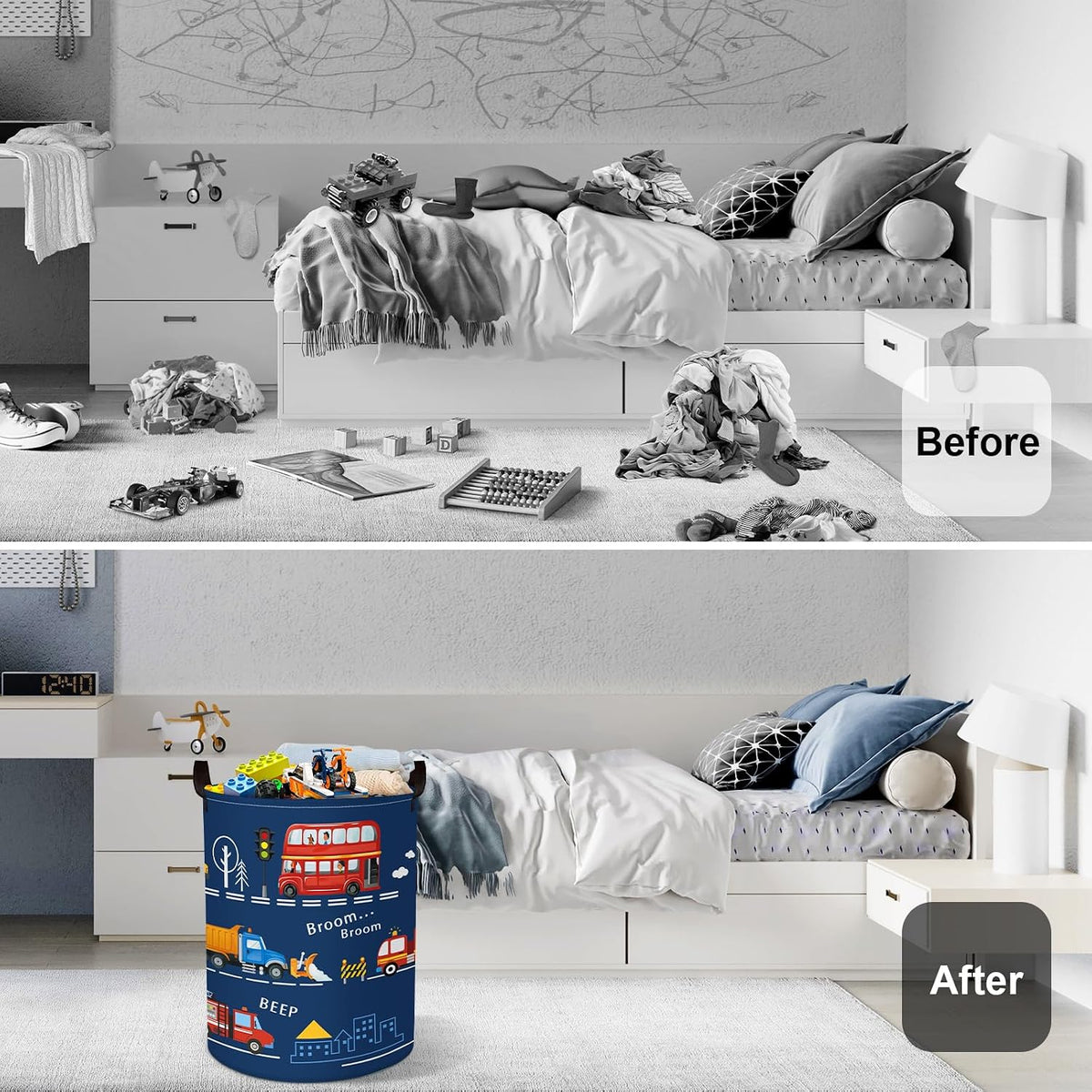 Cars Laundry Hamper Cartoon Vehicle Large Storage Basket Collapsible Parents Organizer Boy Toy Clothes Bins for Bedroom, Bathroom, City Bus, 63L