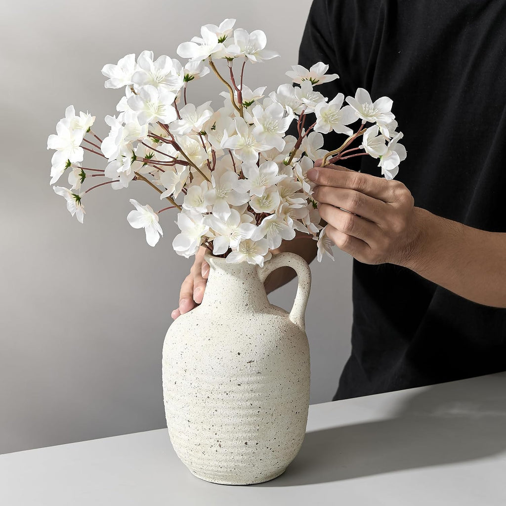 SIDUCAL Rustic Ceramic Farmhouse Flower Vase with 1 Handle-Height 8.43" Terracotta Vase, Unique Textured Pottery Flower Vases for Home Decor, Table, Wedding, Living Room, Shelf Decor, Speckled White