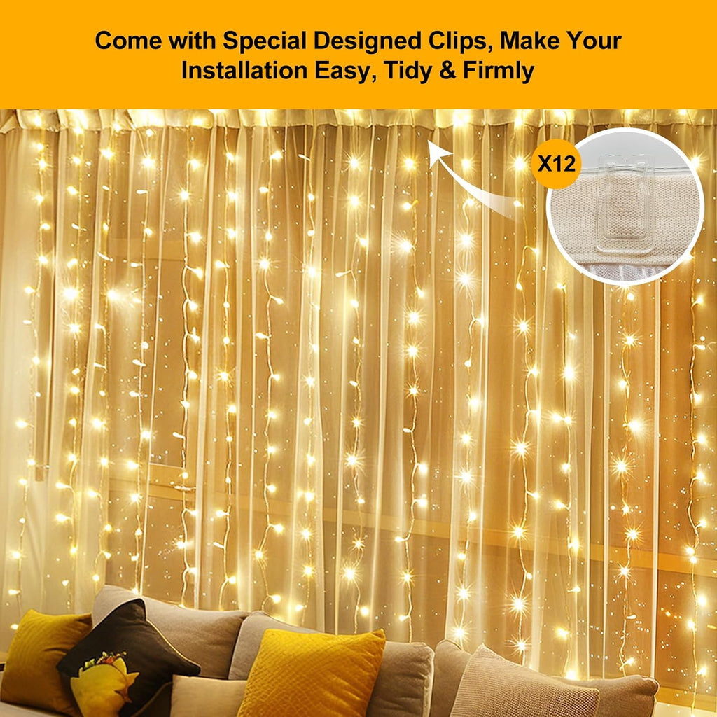 300 LED Fairy Curtain Lights, 9.8 x 9.8FT Warm White USB Plug in 8 Modes Hanging Lights with Remote for Christmas, Bedroom, Indoor, Outdoor, Weddings, Party (Warm White)