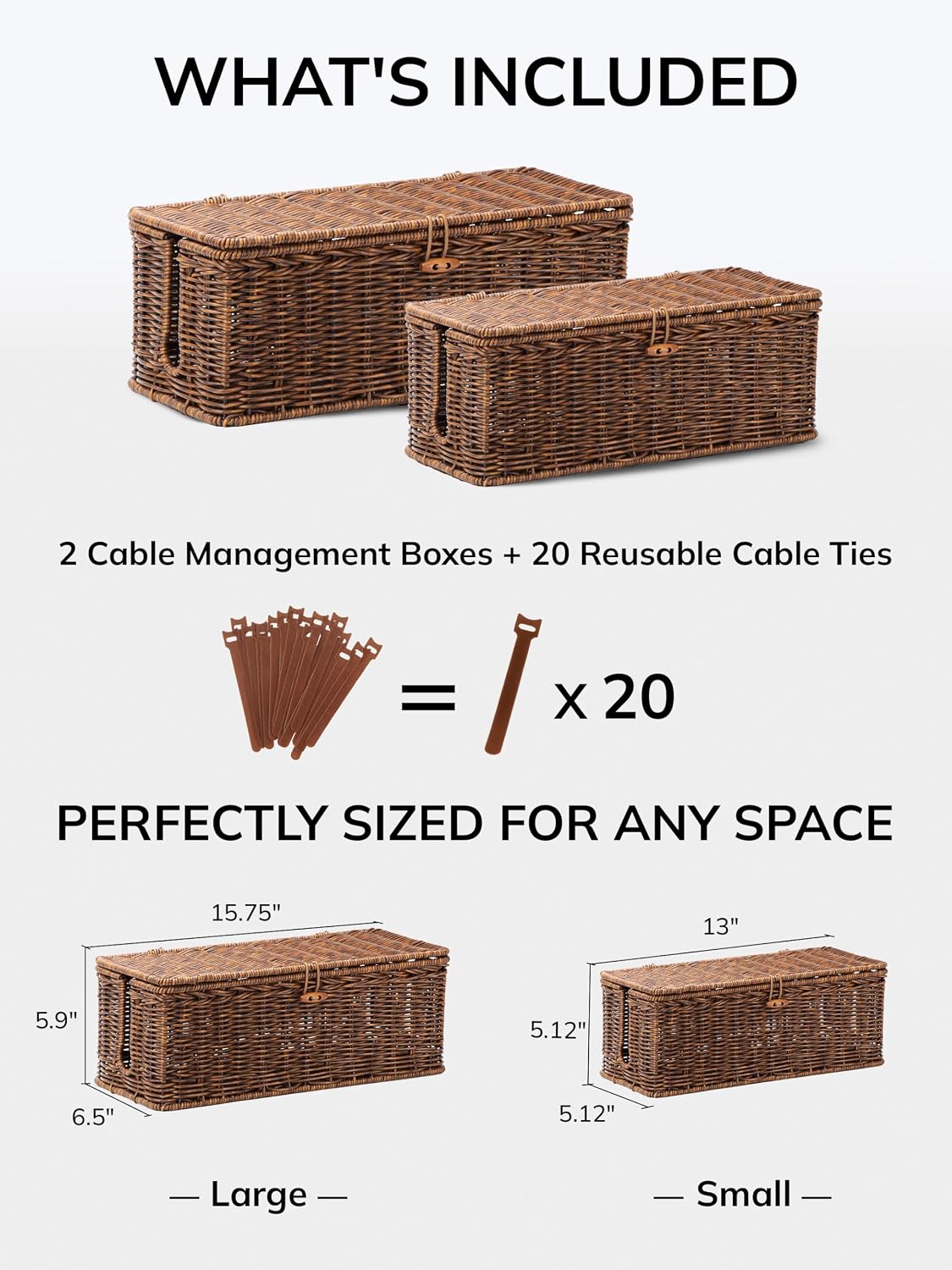 BROWNLILY Cable Management Box, Rattan Style Cord Organizer for Desk Cord Hider Outlet Covers for Power Strip Router Charger Under Desk Storage with Lockable Lid & Cable Ties(Braided Edging,Brown,Set)