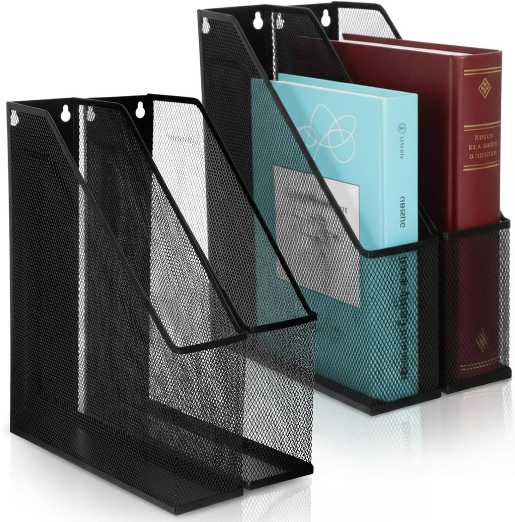 Sliner 4 Pack Metal Magazine Holder Black Mesh Steel Document Rack 1 Section File Organizer Extra Wide Magazine Folder Storage Desk Tidy for Office Home, 12.6”x 9.8”x 3”