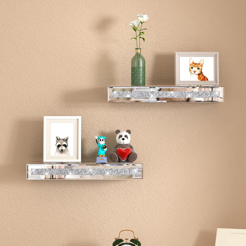 SHYFOY Mirrored Floating Shelves for Wall, Set of 2, Silver Glass Shelves