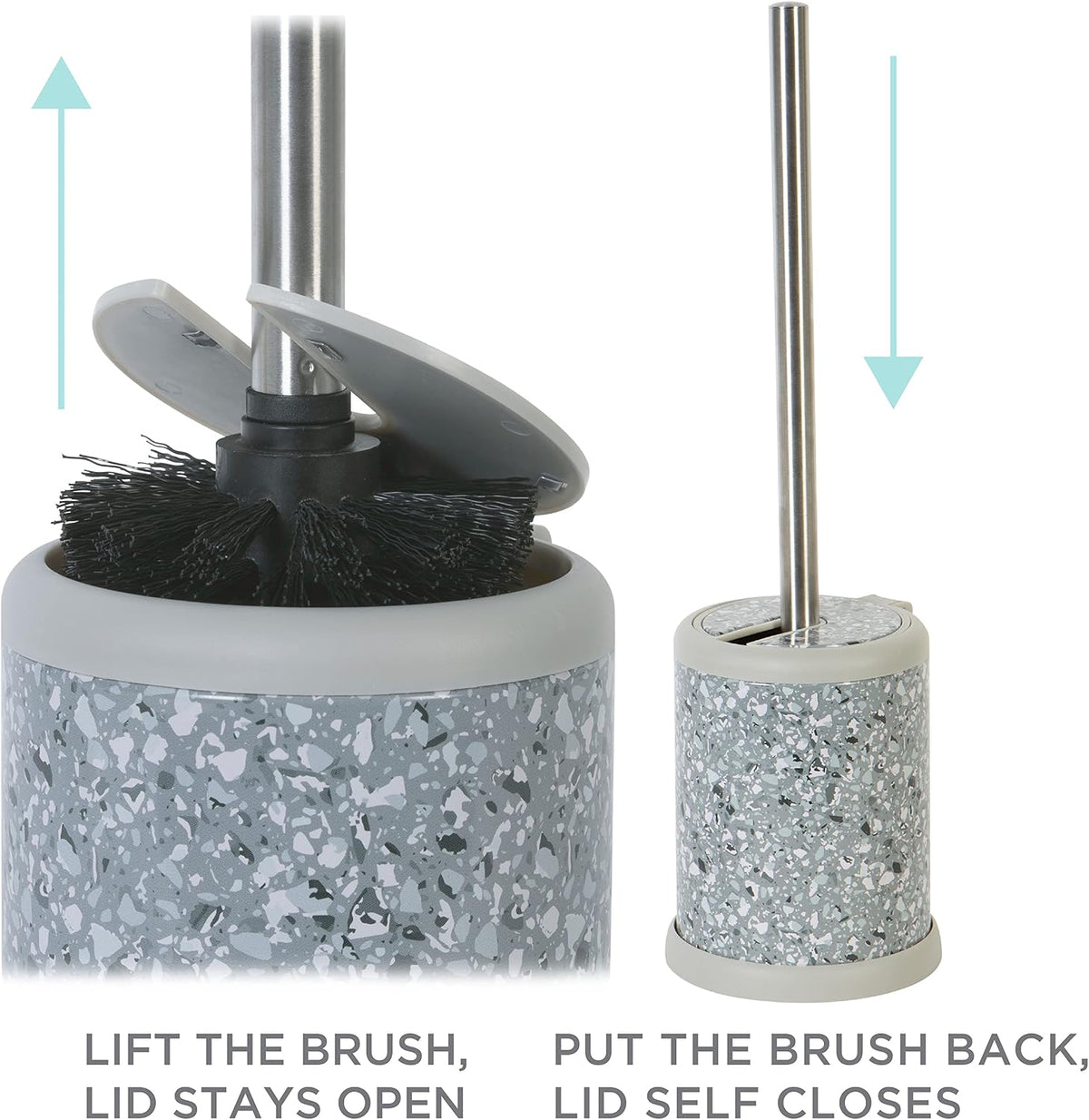 Bath Bliss Toilet Brush and Holder | Self Closing Lid | 360 Degree Brush Head | Bathroom Cleaning | Compact Size | Storage and Organization | Terrazzo grey with pink speckles