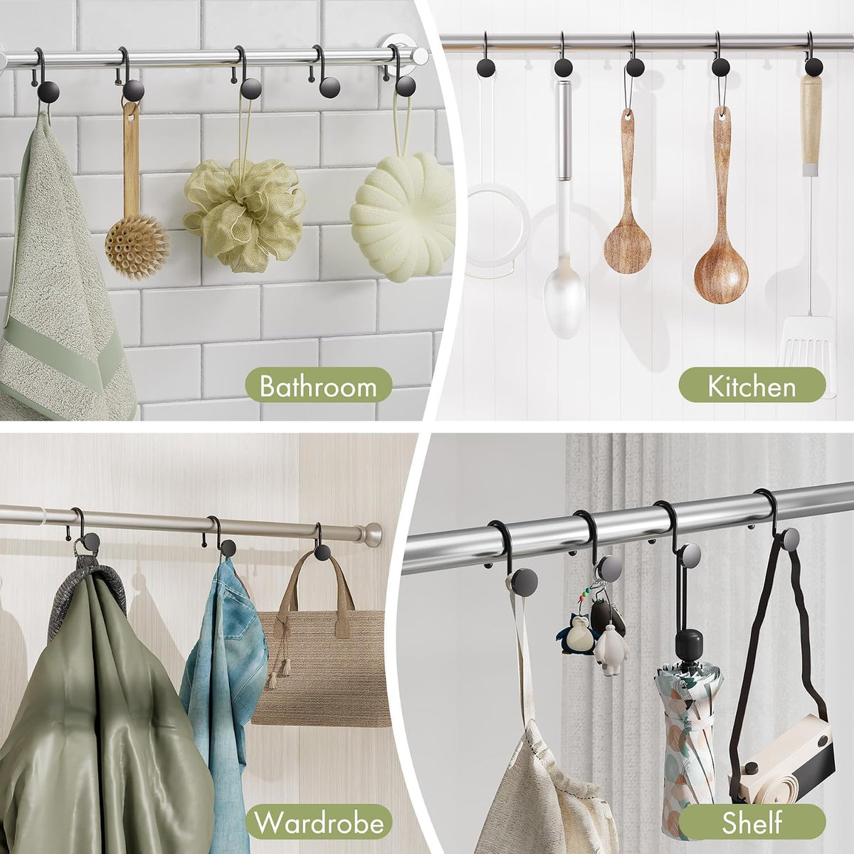AmazerBath Shower Curtain Hooks, Shower Curtain Rings Heavy Duty Modern Decorative Black Shower Curtain Hooks Rust Proof Smooth Glide Shower Hooks for Shower Curtain Liner Shower Rod Hook, 12Pcs