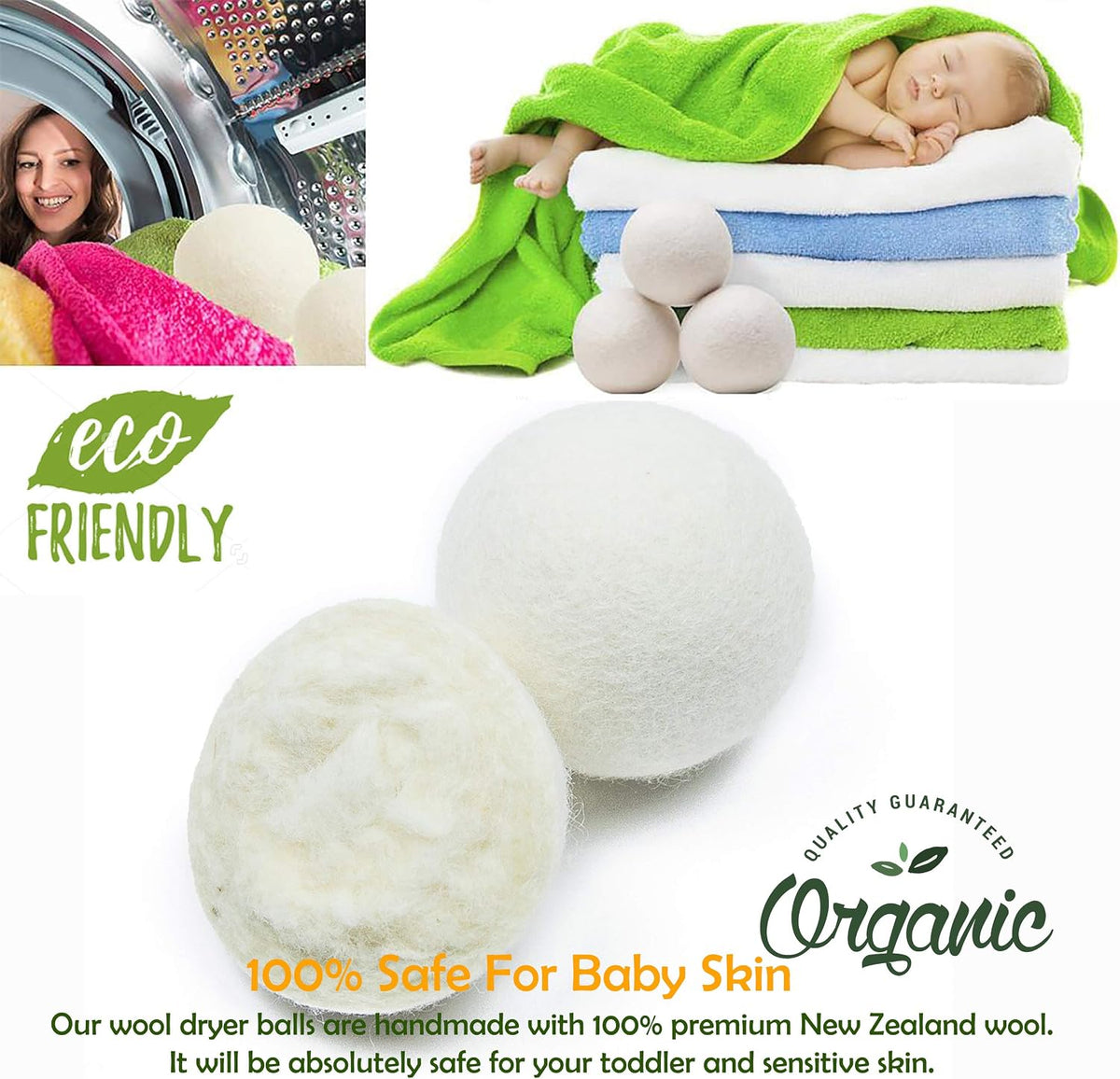 (WB0006-6 Pk Wool Dryer Balls - Premium XL Organic Eco-Friendly Natural Unscented Non-Toxic Felt Laundry Balls, Anti-Static, Chemical Free, Fabric Softener, 100% Natural New Zealand Wool