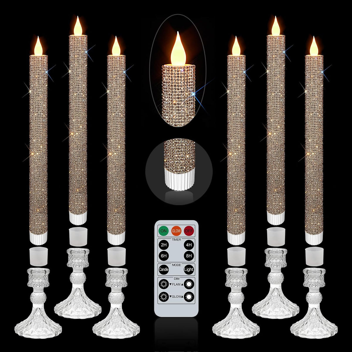 LED Flameless Taper Candles with Illuminated Holder - Glass Candle Holder