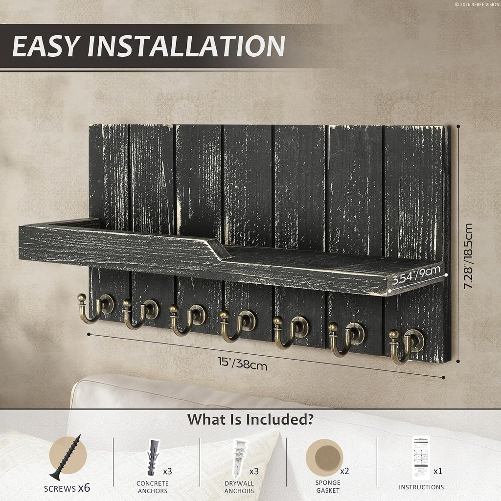 Rebee Vision Rustic Key Holder Wall Mount for Home Decor, Old Black