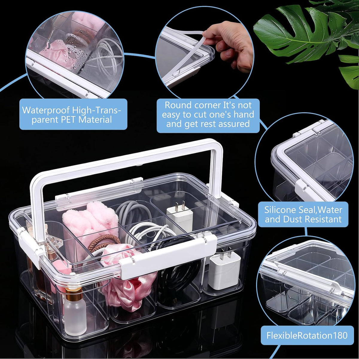 Large Cable Storage Box with Lid Clear Power Cords Organizer 4 Adjustable Dividers Case Desktop Cable Management Box for Home Office Phone Charger Art Crafts Stationery (White)