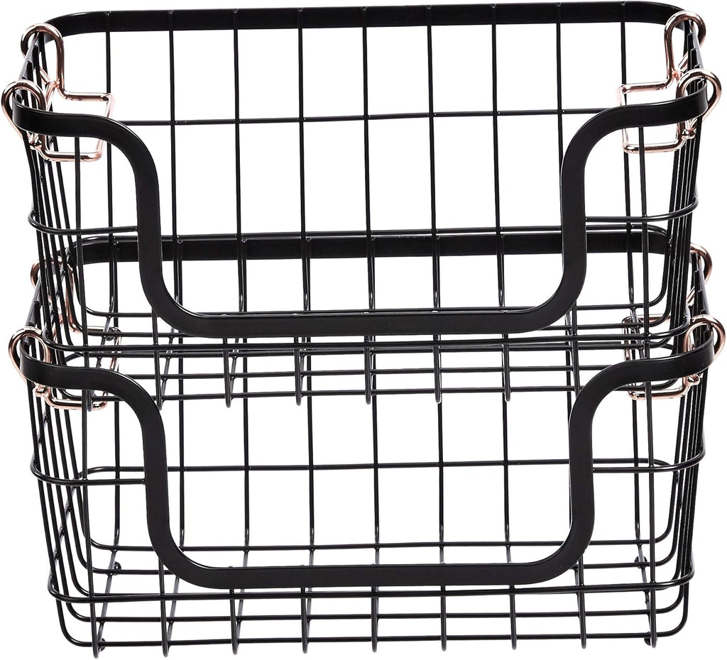 Amazon Basics Stackable Metal Wire Rectangular Storage Baskets for Kitchen, Bathroom or Pantry Organizing, 2 Count, Black (Pack of 4)