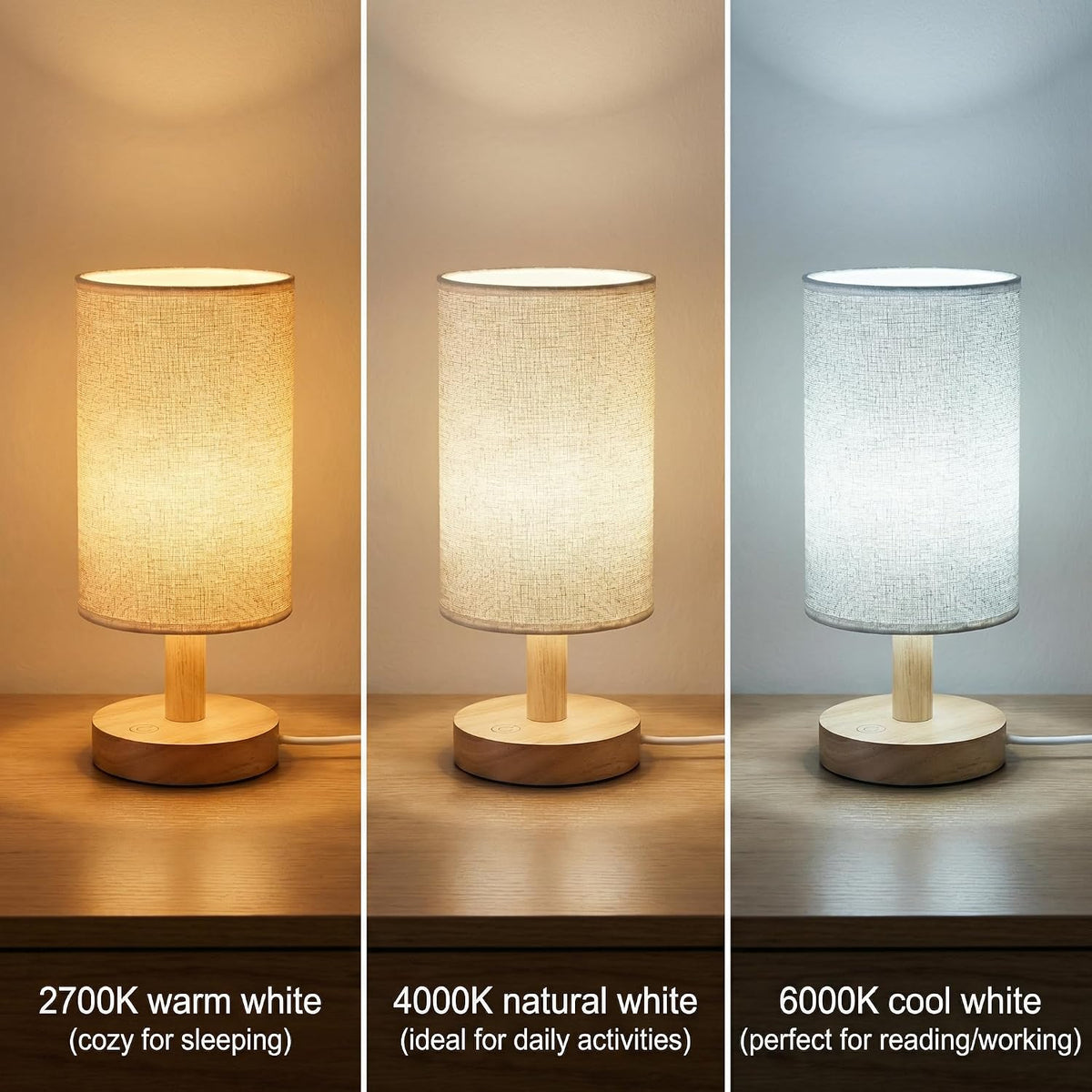Touch Bedside Table Lamp with 3 Color Temperatures & Stepless Dimming