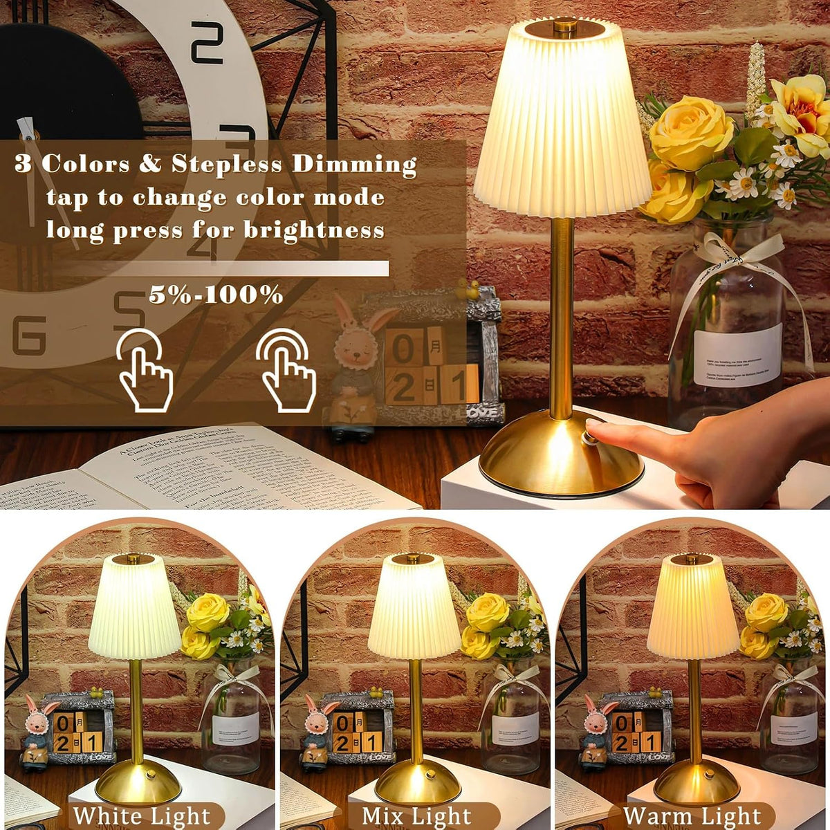 Liliful 4 Pcs Cordless Table Lamp LED Touch, Gold, Beige Cloth Style