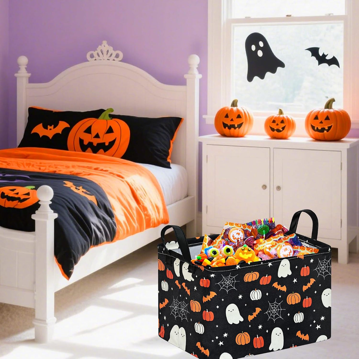 Halloween Storage Basket, Black Ghost Pumpkin Cotton Linen Blend Organizer Bin with Handles, Foldable Rectangular Shelf Basket for Toys, Clothes, Laundry, Bedroom, Gift Basket, Party Decor