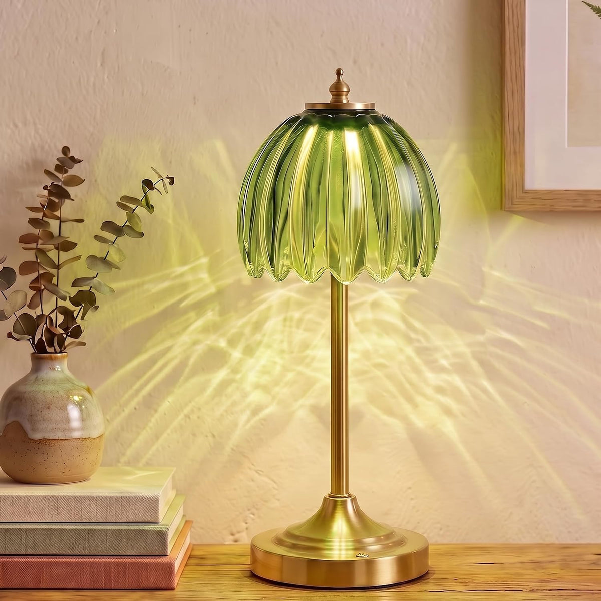 Tulip Glass Rechargeable Table Lamp, Cordless Vintage Table Light (Green)