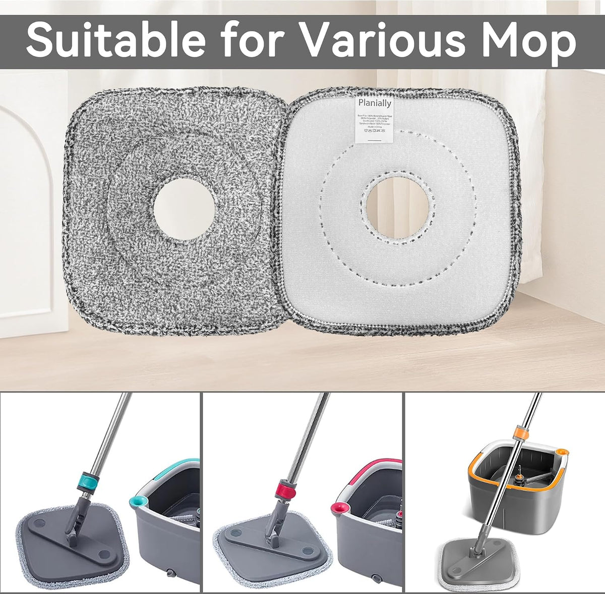 4 Pack Square Reusable Microfiber Mop Pads for True & Tidy Spin Mop