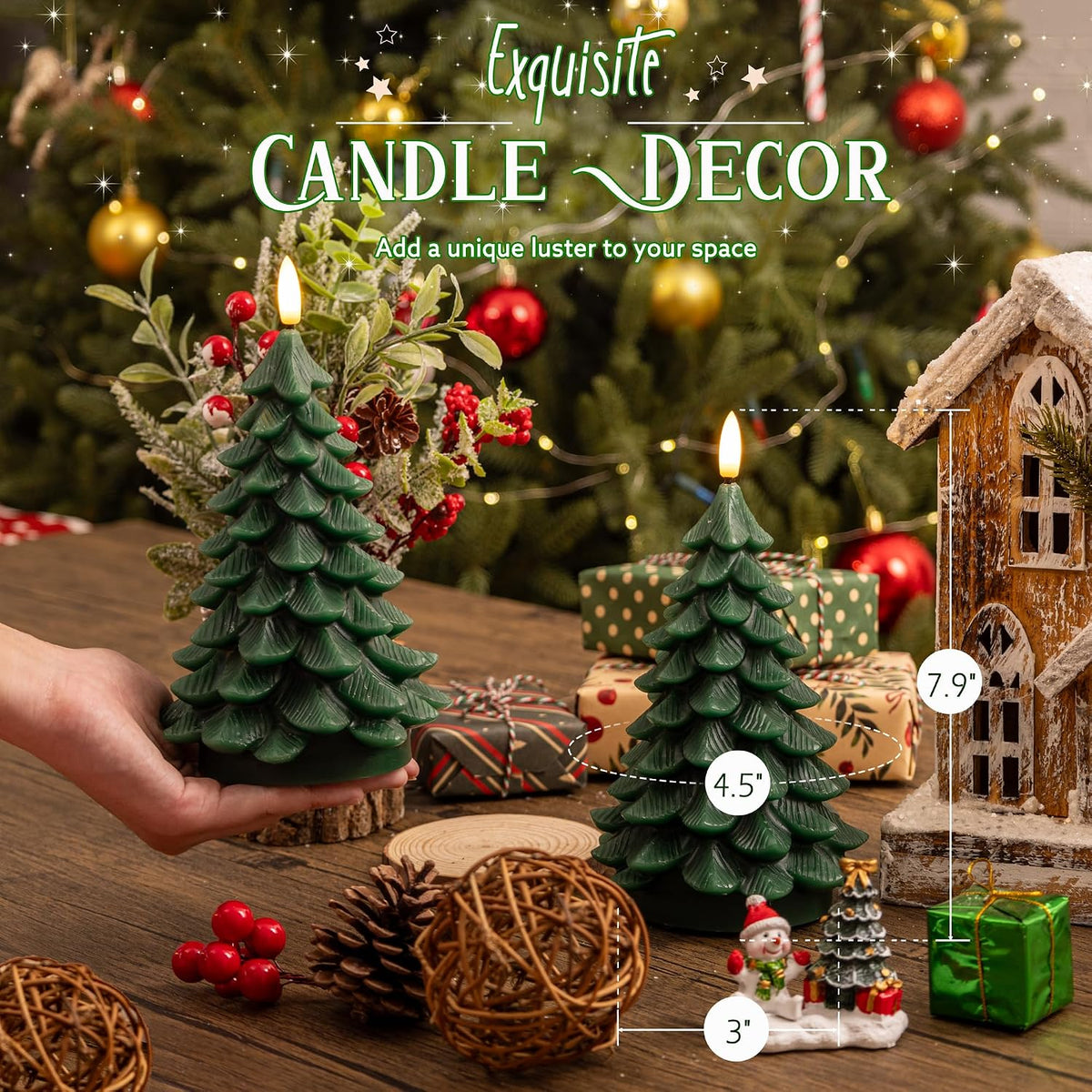 Christmas Tree Candles with Remote, Green Flameless Candle Battery Operated