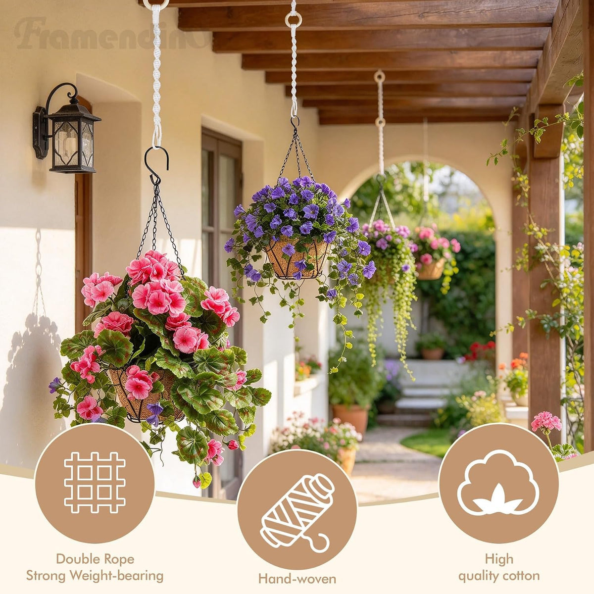 Framendino, 6 Pack Adjustable Macrame Plant Hanger Extenders Woven Hanging Basket Extension with Wooden Ring for Indoor Outdoor Pot Holder