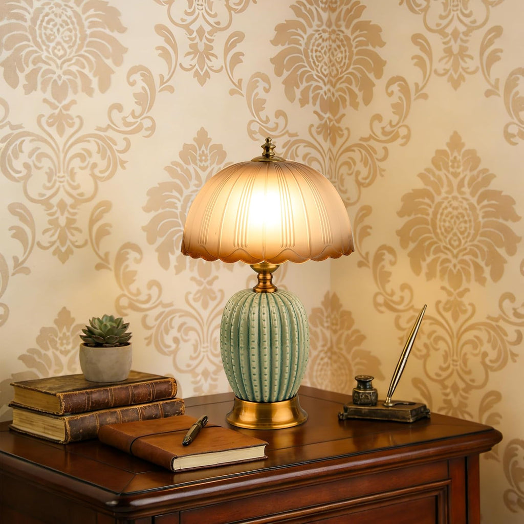 Vintage Green Ceramic Cactus Small Table Lamp for Bedroom