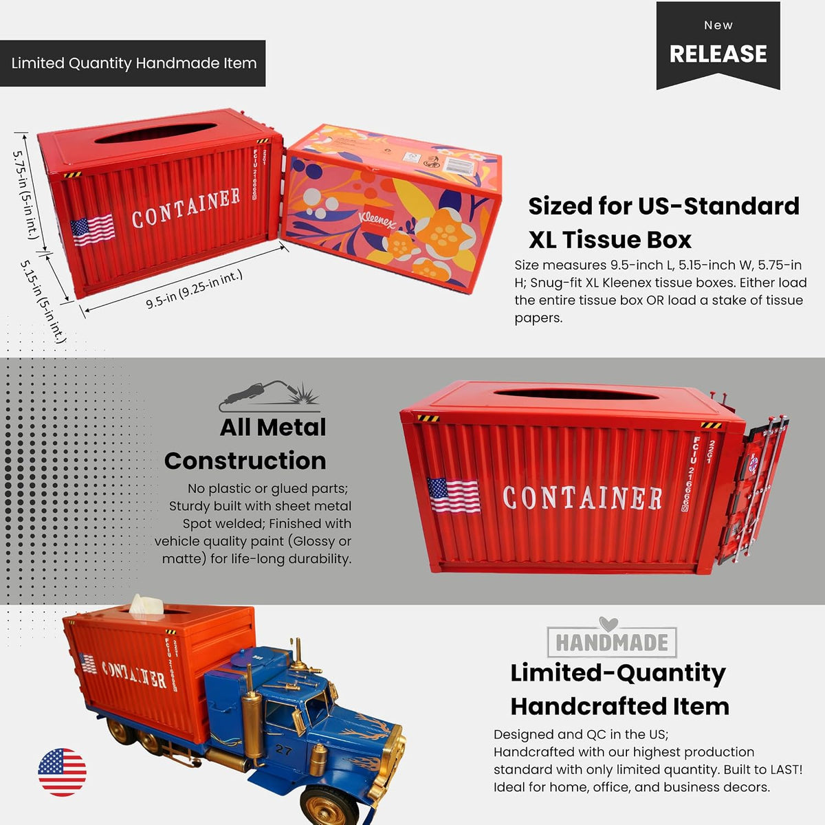 Shipping Container Tissue Box Cover – Sturdy All-Metal Construction, Fits XL US Tissue Boxes – Industrial Decor for Homes, Offices, Restaurants & Man Caves (RED)