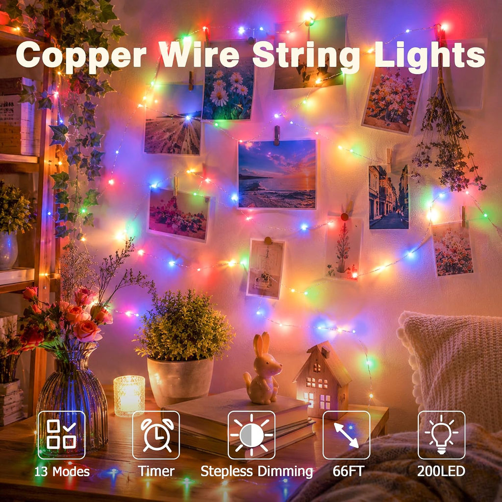 66FT 200 LED Plug in Fairy Lights with 13 Modes & Timer, Multicolor