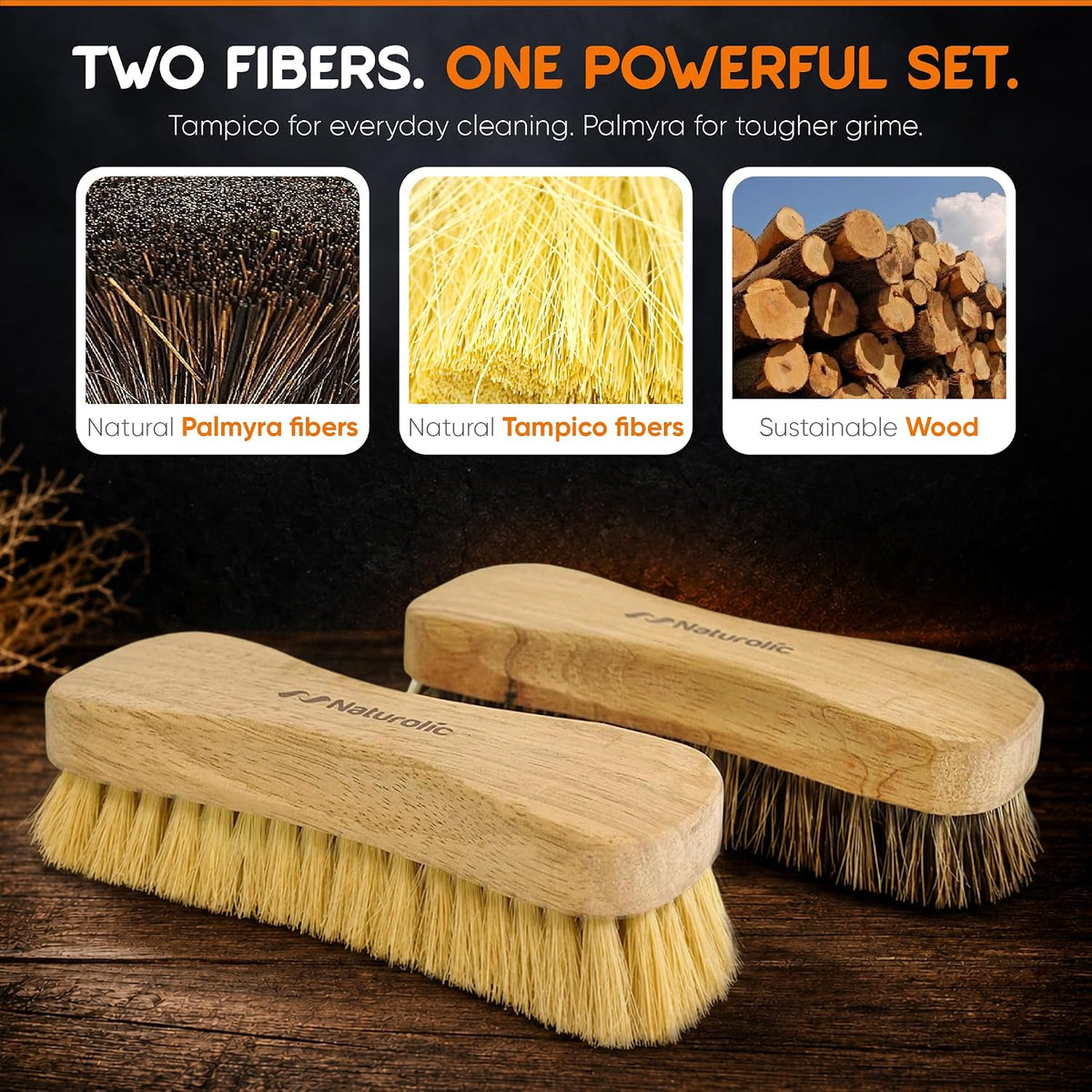 All-Natural Wooden Scrub Brush Set | Wooden Handle | Tampico and Palmyra bristles | Eco Friendly Cleaning Products | Pack of 2