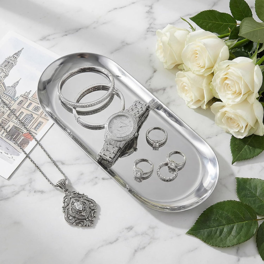 Silver Decorative Tray, 2 PCS Bathroom Vanity Tray for Dresser Counter, Elegant Jewelry Dish Tray for Decor, Silver Platter Serving Tray Organizer for Perfume Trinket Key Candle, Stainless Steel, Oval