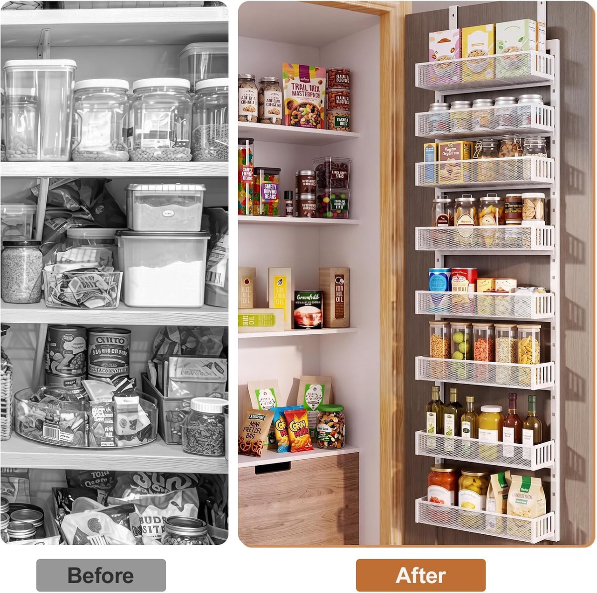 Over the Door Pantry Organizer, 8-Tier Heavy-Duty Door Spice Rack with Mesh Baskets, Height Adjustable & Anti-Swing Design, Pantry Door Organizers and Storage for Kitchen, Bathroom