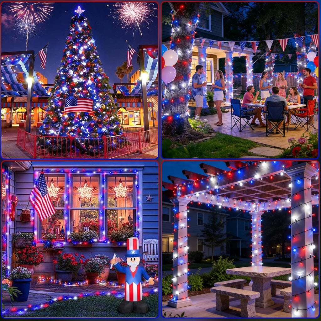 Solar String Lights Outdoor 2 Pack 480 LED Christmas Lights Red White Blue