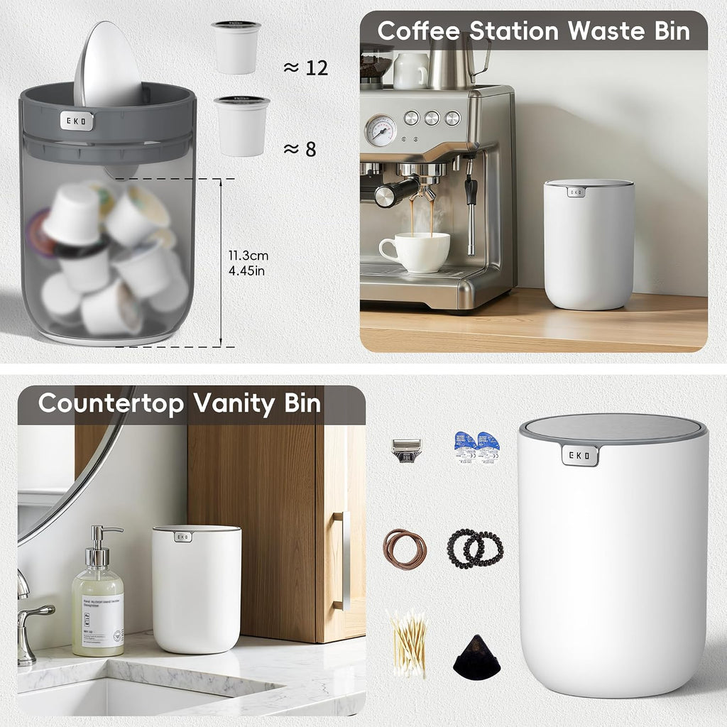 EKO Fandy 0.58 Gal/2.2L Mini Trash Can with Lid, Swing-Top Desktop Trash Can for Bathroom, Countertop, Vanity, Desk or Office, Small Garbage Bin (White)