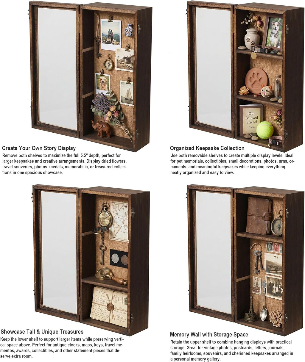 Shadow Box Frame 8x16 with Real Glass Door, Deep Solid Wood Memory Display Case with 4 Inch Outer Depth, for Medals, Collectibles, Photos, Flowers, Wall Mount or Tabletop