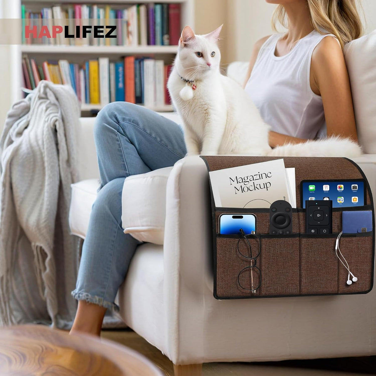 Remote Holder for Recliner Armchair & Couch, Non Slip Sofa Armrest Organizer Caddy with 6 Pockets Thick Linen Fabric Storage for Tablet, Phone, iPad, 19x35 Inches, Chocolate