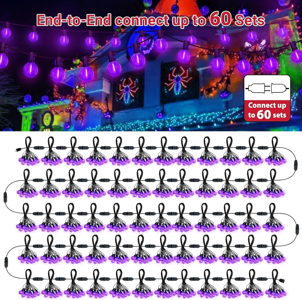 LAMPHOME G40 LED Outdoor Halloween String Lights, 2 Pack 26FT Patio Lights with 12+1 Edison Shatterproof Bulbs(1 Spare), Connectable Outside Lights for Backyard Porch Halloween Christmas Decor, Purple