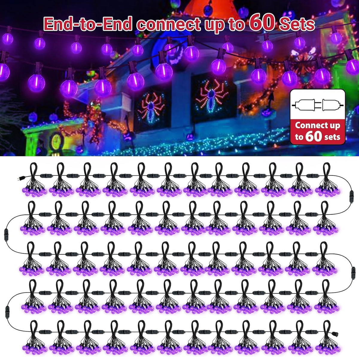 LAMPHOME G40 LED Outdoor Halloween String Lights, 2 Pack 26FT Patio Lights with 12+1 Edison Shatterproof Bulbs(1 Spare), Connectable Outside Lights for Backyard Porch Halloween Christmas Decor, Purple