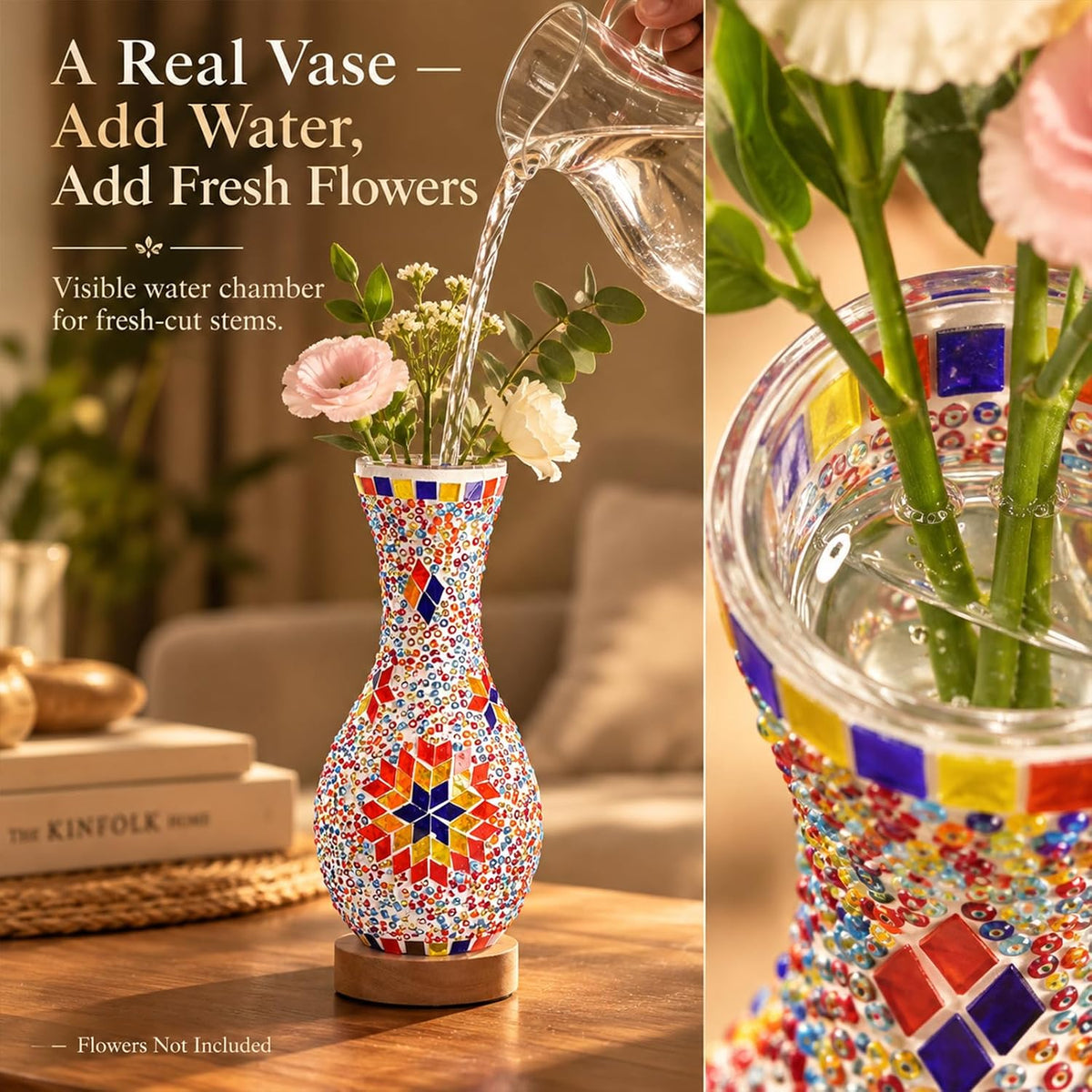 Mosaic Vase Lamp, Turkish Table Lamp with Wood Base, USB LED