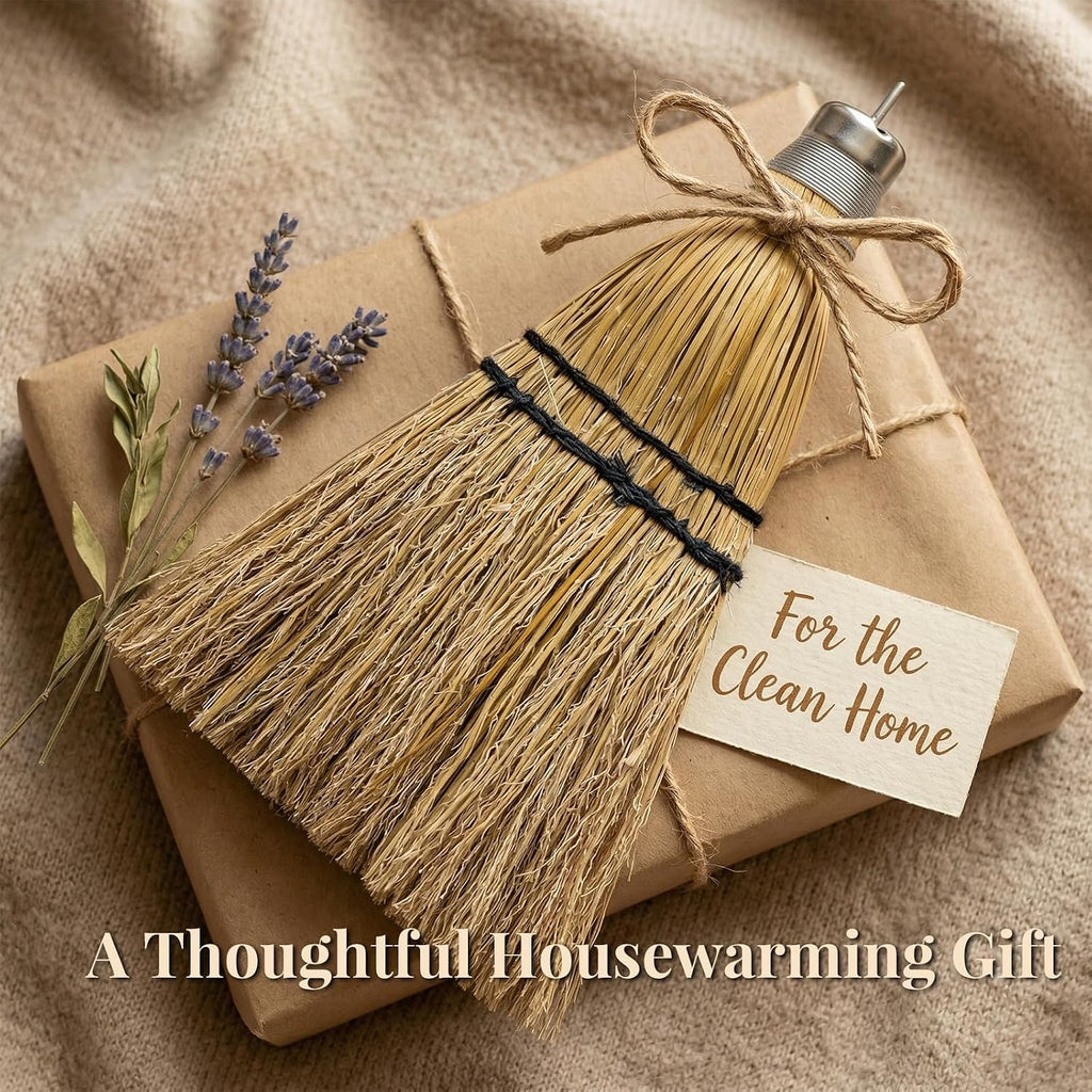 12" Hand Held Whisk Broom 2 Pack, Natural Handmade Corn Mini Broom with Stiff Bristles, Small Straw Sweeping Brush for Fireplace, Car Detailing, Workbench & Farmhouse Decor