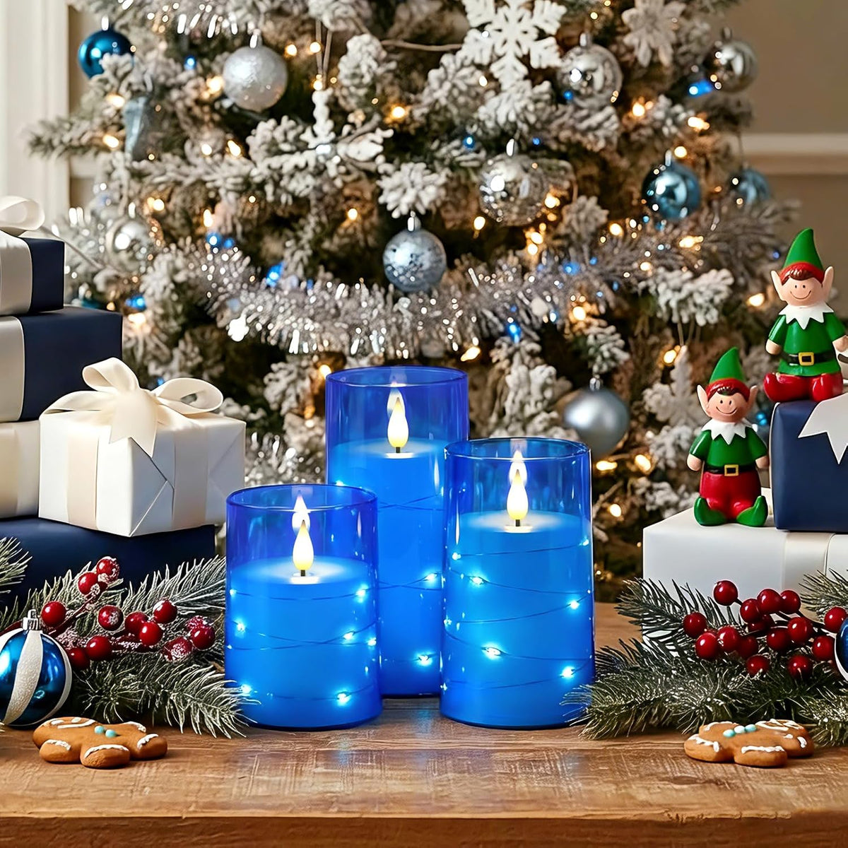 Homemory Flickering Flameless Candles, Blue LED Pillar Candles with Remote