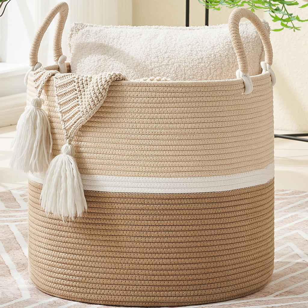 KAKAMAY Large Blanket Basket (18"x18"x16"),Woven Baby Laundry Hamper for Storage, Cotton Rope Blankets Baskets for Nursery, Laundry, Living Room, Pillows, Baby Toy chest with Handles (Light Brown)