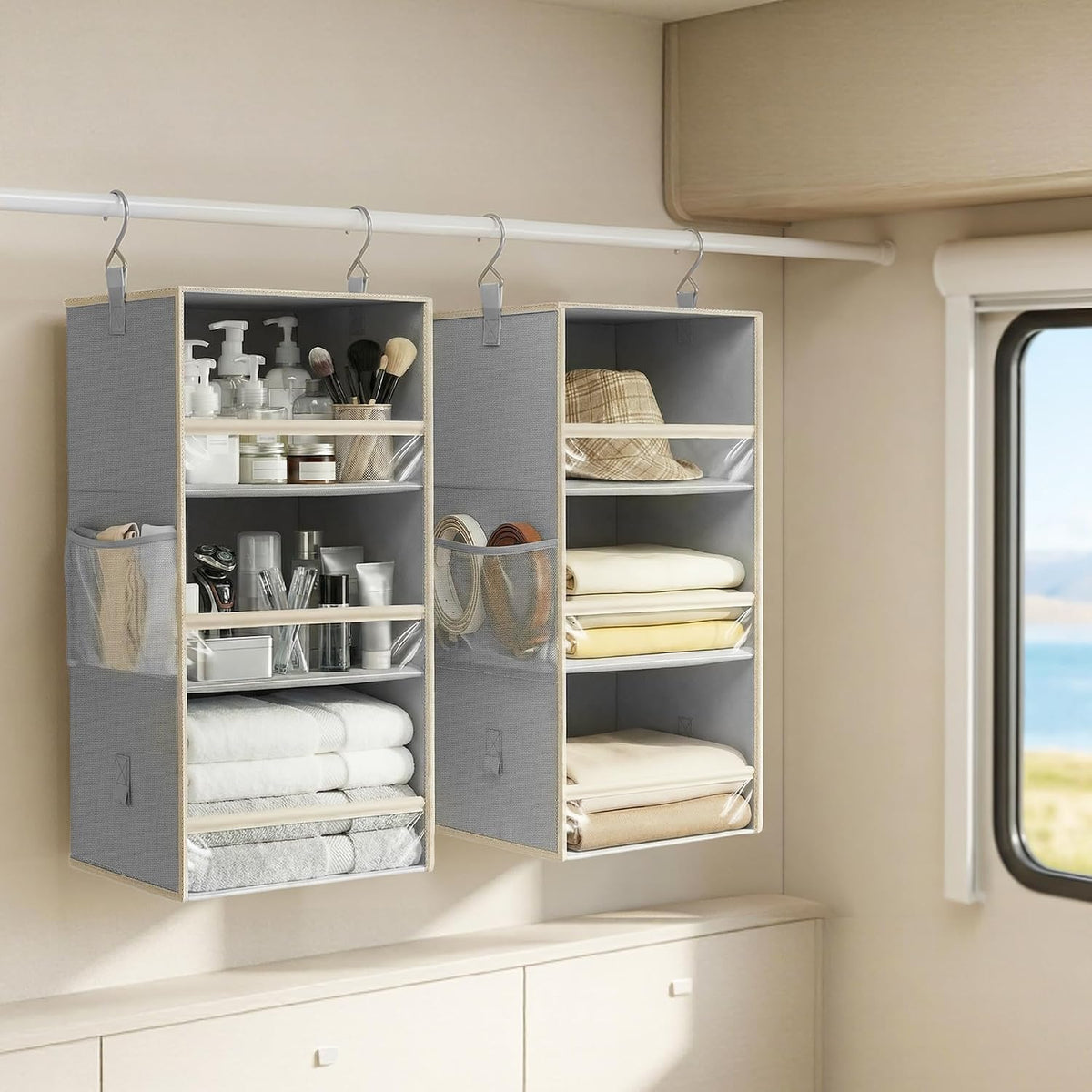 STORAGE MANIAC 6-Shelf Hanging Closet Organizer and Storage, 2 Separable 3-Shelf Haning Organizers for Closet, Collapsible Hanging Shelves Wardrobe Organization, College Dorm Room, Nursery, Gray