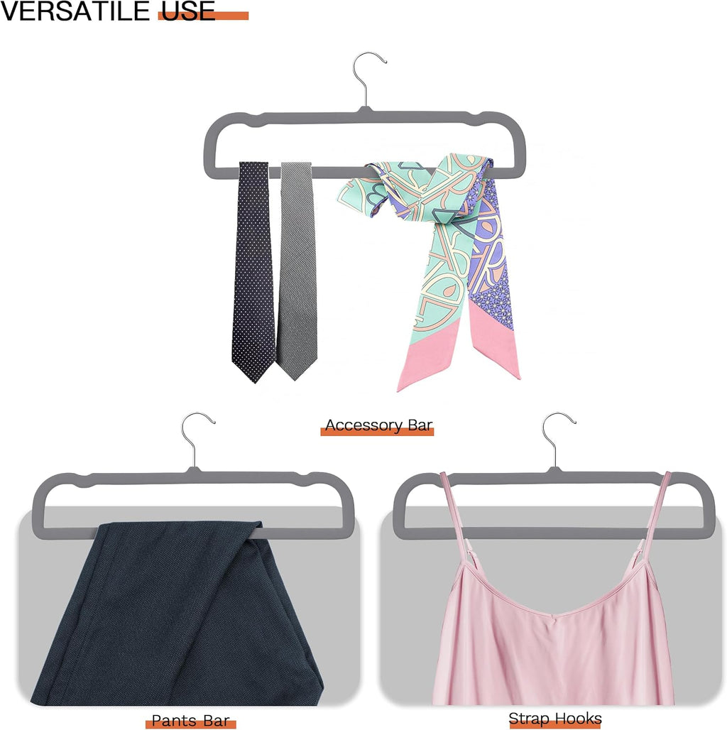 Small Size Gray Velvet Hangers 60 Pack, Slim Space Saving Pants Hangers for Closet Organizer, Rotating Hook, Non Slip Clothes Felt Hanger for Pants, Tank Top, Camisoles, Kids' Clothes