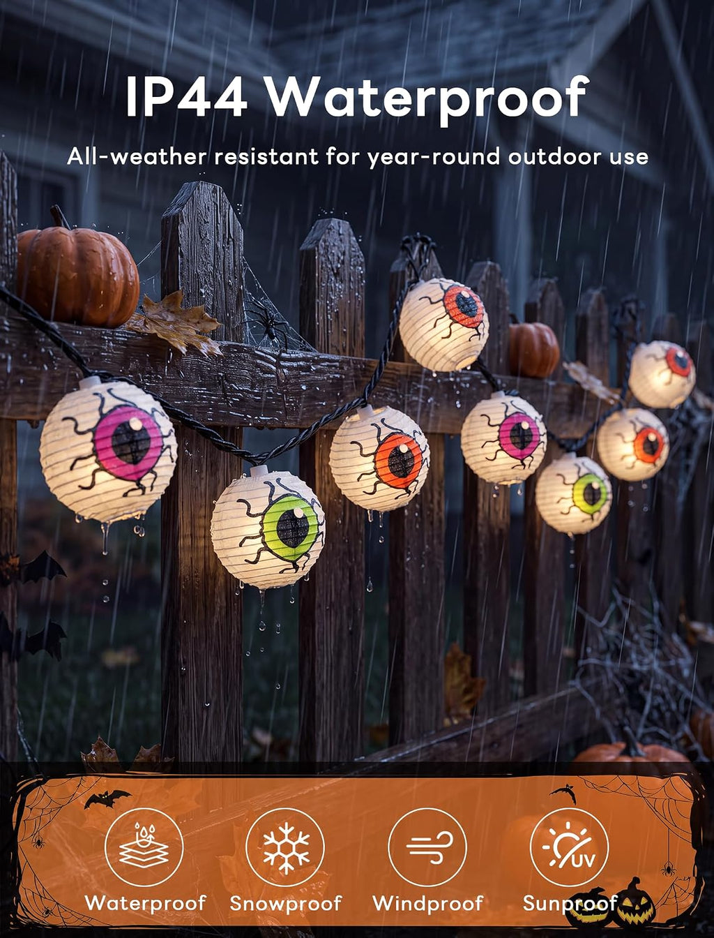 Halloween Lantern String Lights, 8.5Ft LED White Eye Lantern String Lights Plug in, 10 Halloween Lanterns String Light Connectable Indoor/Outdoor Decoration