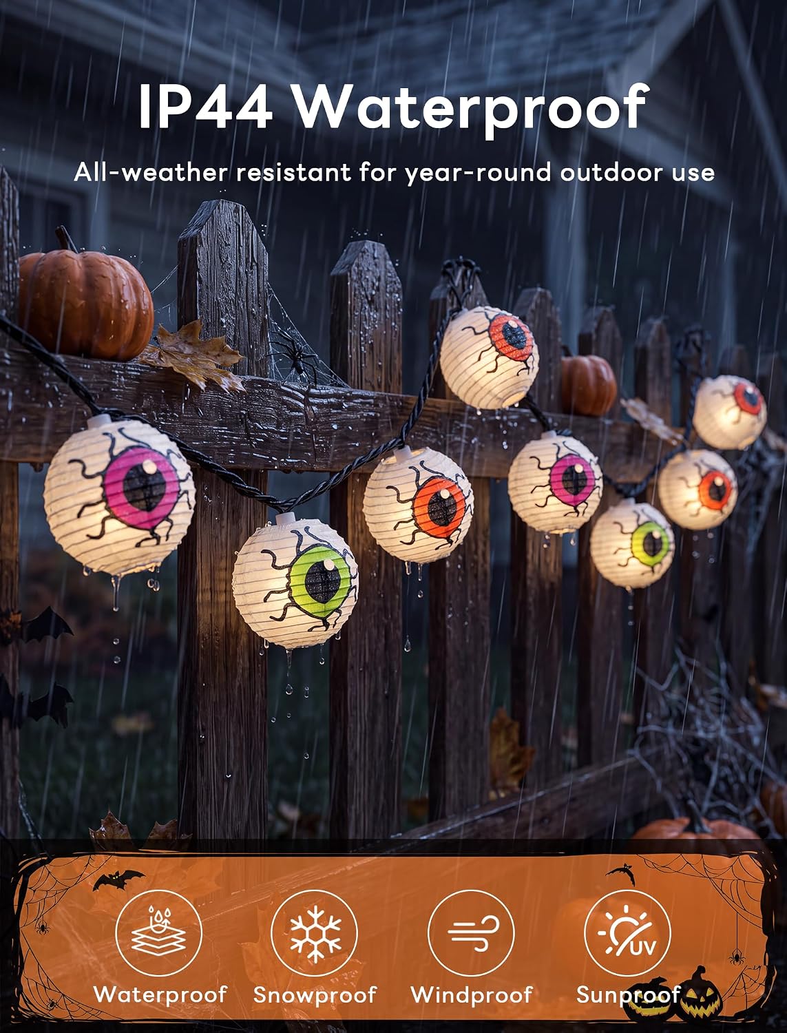 Halloween Lantern String Lights, 8.5Ft LED White Eye Lantern String Lights Plug in, 10 Halloween Lanterns String Light Connectable Indoor/Outdoor Decoration