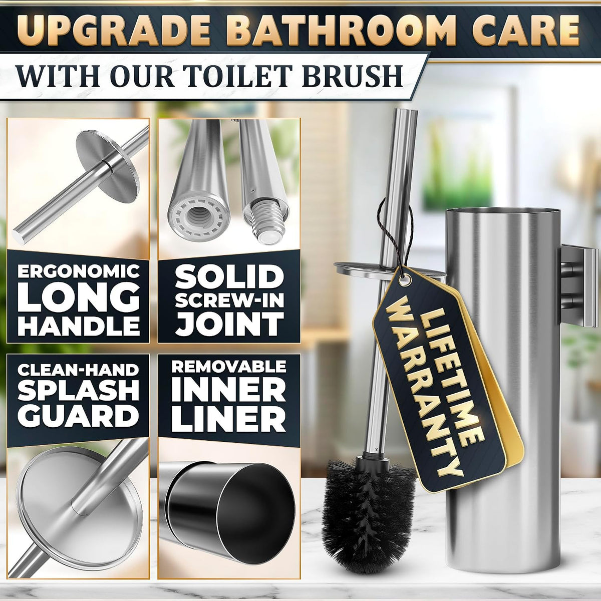Wall-Mounted Toilet Brush and Holder Set, Stainless Steel (Silver)