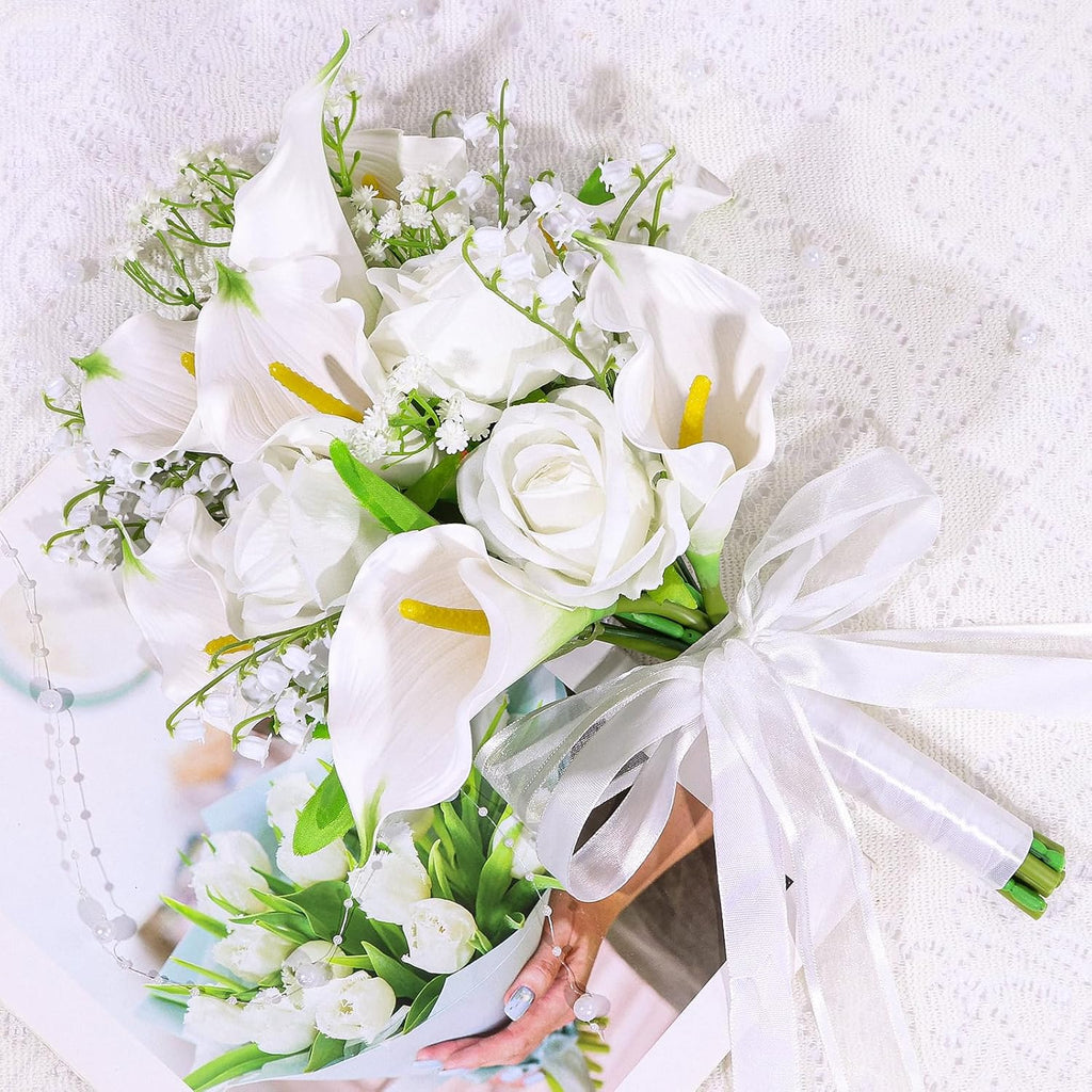 Wedding Bouquets for Bride Bridesmaid 13.8 Inch Ivory White Calla Lilies Artificial Roses Flowers Bridal Bouquets for Bride Wedding Marriage Proposal Party Church Decoration