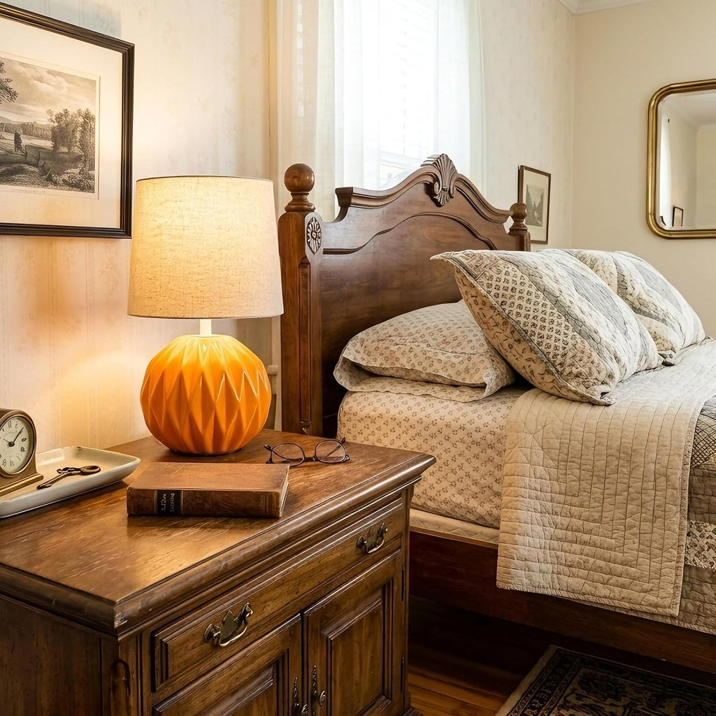 Orange Ceramic Table Lamp with Linen Shade, Small Bedside Lamp for Bedroom