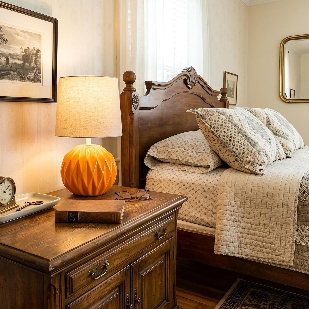 Orange Ceramic Table Lamp with Linen Shade, Small Bedside Lamp for Bedroom