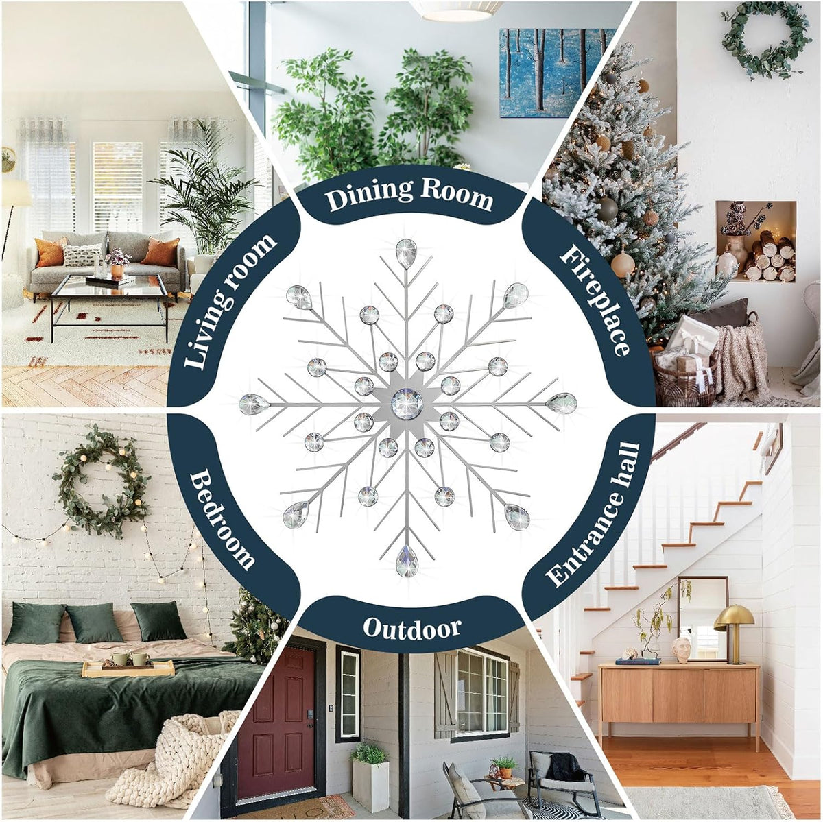 ZEXUIRU 3 Set Snowflake Wall Decor Living Room Bedroom Entryway Metal Bling, Crystal Rhinestone Starburst Sunburst Sparkling Wall Art Decor Silver Metal Christmas Decoration-Silver 13in