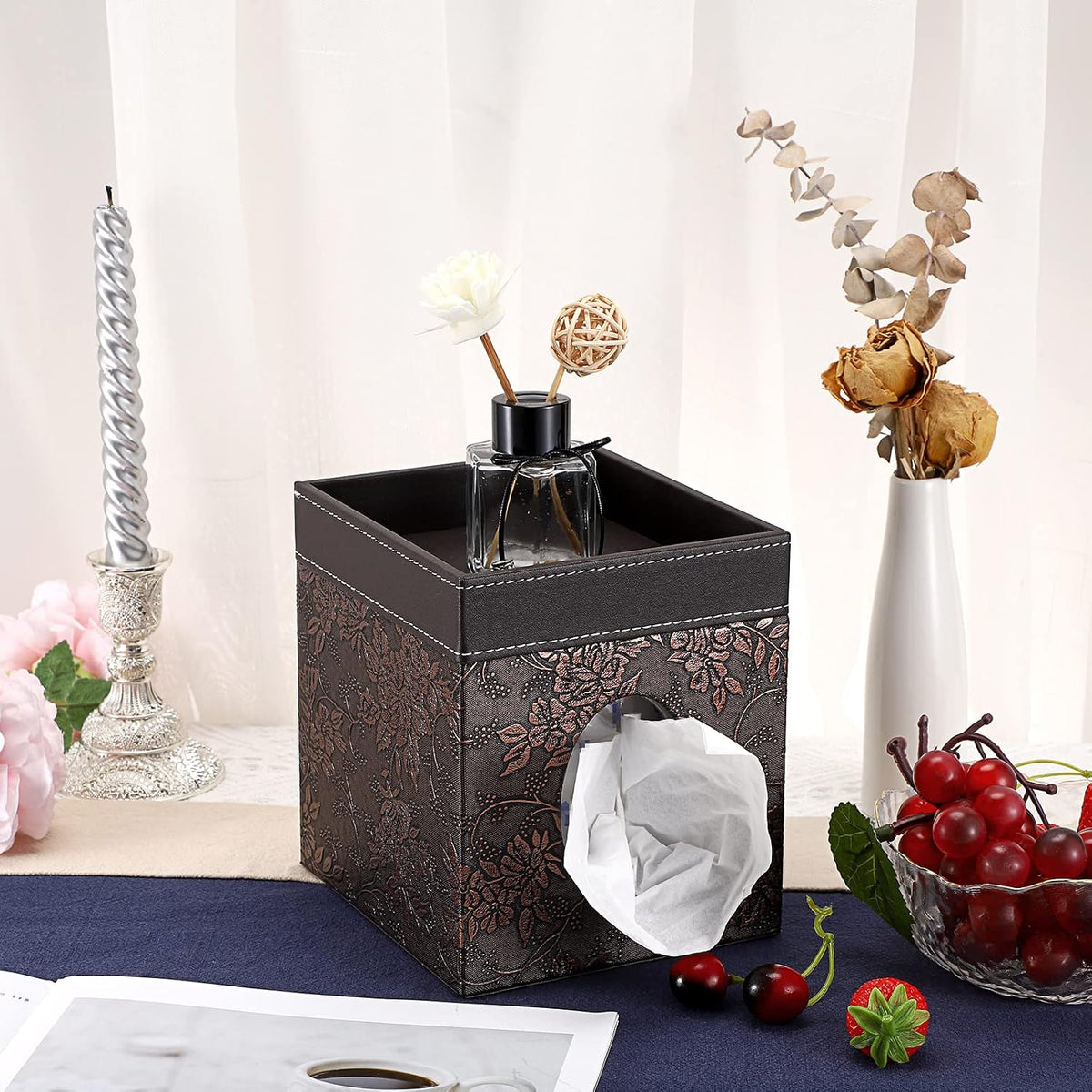 Sumnacon Leather Square Tissue Box Cover Cube Tissue Box Holder with Tray