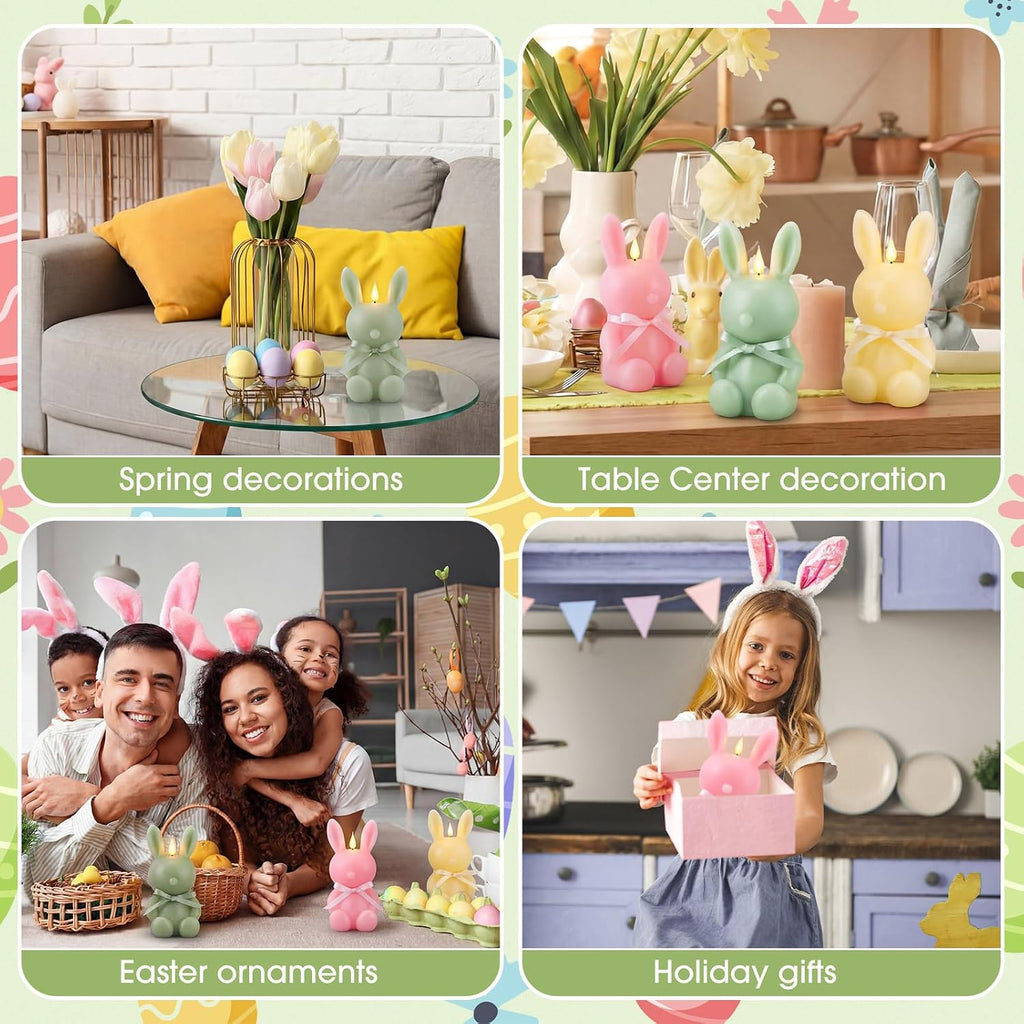 Baquler 3 Pcs Large Easter Bunny Led Flameless Candle 8 Inch Battery Operated Candles with Remote Real Wax Cute Rabbit Shape Candle with Bow 3D Flickering for Gift Home Party Decor (Yellow,Green,Pink)