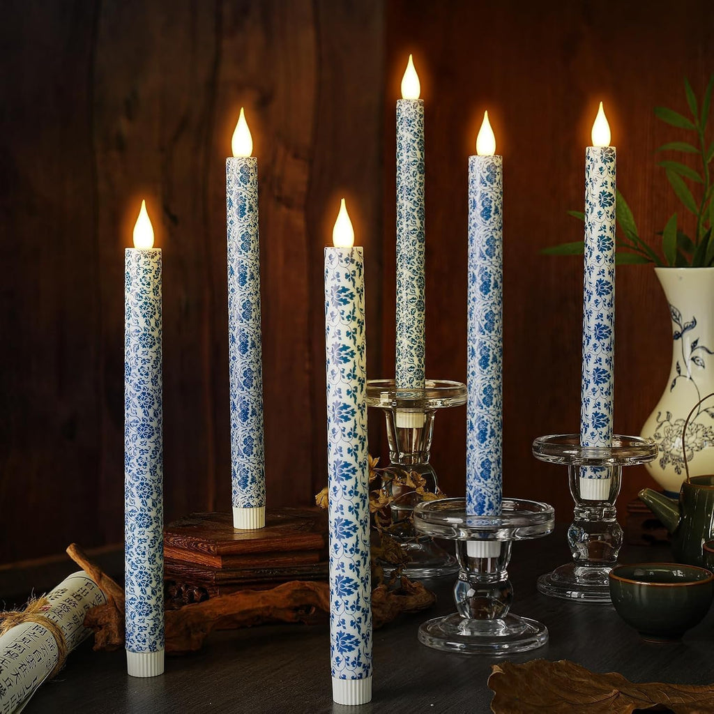 6 Pcs Blue and White Chinoiserie Flameless Candles – 10.6 Inch Porcelain Style Taper Candlesticks, Battery Operated LED Blue Candles for Wedding, Home & Table Centerpiece Decor