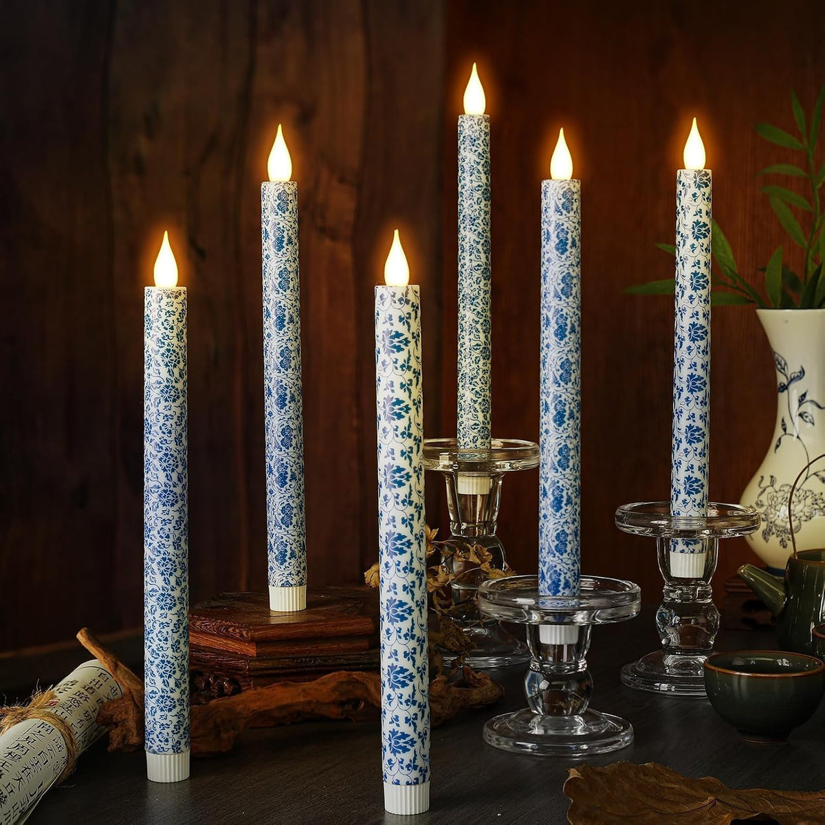 6 Pcs Blue and White Chinoiserie Flameless Candles – 10.6 Inch Porcelain Style Taper Candlesticks, Battery Operated LED Blue Candles for Wedding, Home & Table Centerpiece Decor